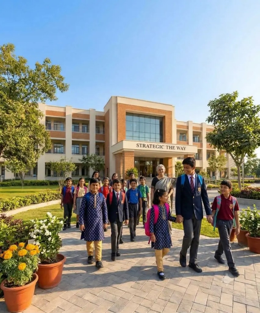 Students walking together with a teacher in front of a school building