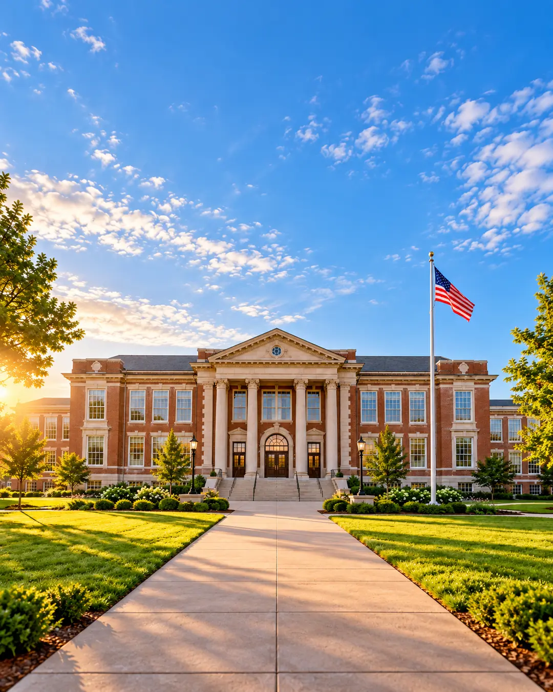 Formal academic building with a symmetrical facade and lawn